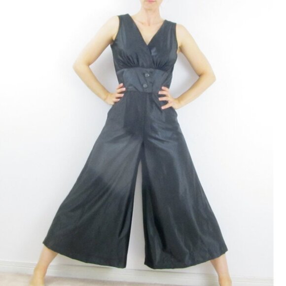 Pants - 1960s Black jumpsuit with palazzo wide trouser legs, custom made